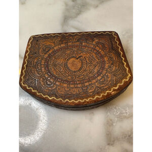 Vintage Italian Tooled Leather Hinged Trinket Box Semi-Circle Made in Italy